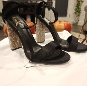 Lulu's Black Satin Heel - Glitter Block Heel - Black Lace Up Size 7.5